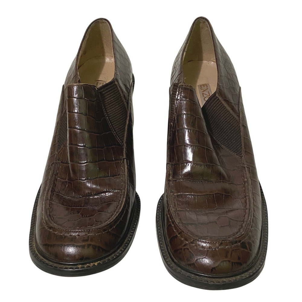 Vtg 90s Enzo Angiolini Brown Croc Embossed Leather Loafers 9M Dark Academia Prep